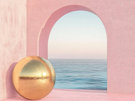 A minimal and ethereal digital illustration with pastel colors, featuring an archway leading to the horizon, with a soft pink sky and blue sea in the background, creating a dreamy atmosphere. The composition includes a golden sphere on the left side of the scene, adding depth and texture. This design is perfect for showcasing products or engaging content. --ar 4:3 --v 6.1 Job ID: 0a99cbc0-4d12-43f6-95fa-c836aca52052の素材