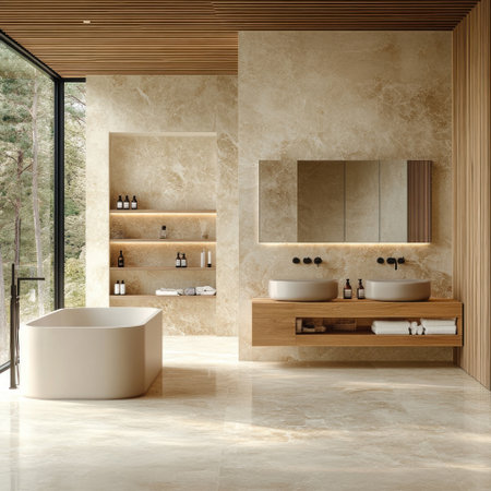 A modern bathroom with a natural light theme, featuring beige tiles and wooden elements. The open-plan space is designed for skin and hair care, with wood furniture and a marble floor. A large window on the left side overlooks a forest. The room includes a freestanding bathtub and two vessel sinks with modern faucets. The wall has a mirror cabinet and shelves holding bottles of body lotion or facial cream. In the background, you can see a large steam room with stone walls and abstract shapes. --v 6.1 Job ID: ef6f53b7-2c30-4da0-805d-ddd3e5666fc5の素材