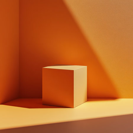 A minimalistic orange background with an empty cube for product display, bathed in warm sunlight that creates soft shadows and highlights the orange color of the wall. The composition is simple yet elegant, providing space to add text or branding elements as needed. This scene presents a clean and professional presentation design. --v 6.1 Job ID: 6a671991-aa06-4f4e-9a2b-1ca04f55fe48の素材