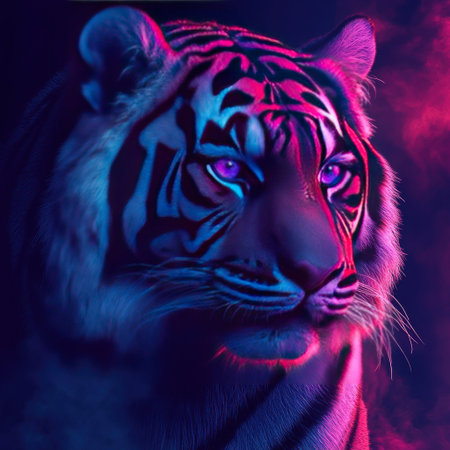 A majestic tiger, its vibrant stripes and piercing eyes captured in the glow of neon lights, with the focus on its face. --v 6.1 Job ID: d0cd7357-bf39-4751-84dd-c7c9ba27fc1cの素材