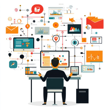 A man is sitting at the computer and working on an online platform, creating a flat design illustration with vector graphics on a white background. The illustration features colorful, simple details and lines in a UI illustration style, with flat illustrations and UI elements. The artwork uses bright colors against a white background and is of high resolution. --v 6.1 Job ID: c6373088-f542-40dc-8cd6-dcee3fbd637bの素材