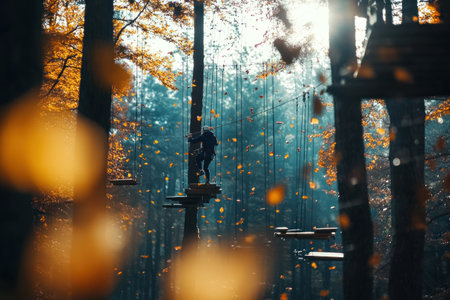 A person on an adventure park course, navigating through high suspended elements like zmt lines and planks with forest trees in the background. The focus is sharp to capture their determination as they fearlessly cross from one platform to another, creating a sense of excitement and intensity. Sunlight filters down through leaves, adding depth to the scene. Shot by Nikon D850 DSLR camera with 24-70mm lens at f/3 aperture setting ISO for a vivid, detailed photo --ar 3:2 --v 6.1 Job ID: f37be78c-5d37-47f1-bb63-457c795b02b9の素材