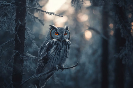A photo of an owl sitting on a branch in a Finnish forest, with orange eyes and grey feathers. --ar 3:2 --v 6.1 Job ID: 05429a3c-07af-4140-9319-b8a268f226d4の素材