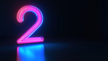 A neon number "2" on a black background, with a holographic, glowing outline of the number two in a blue and pink glow effect. The design is simple and minimalistic, captured in high-resolution photography. --ar 53:30 --v 6.1 Job ID: af06fc12-225b-485f-8bcd-16a8f79e6715の素材