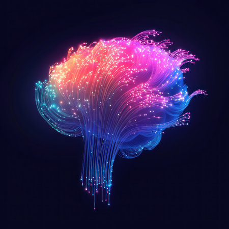 A colorful brain made of glowing fiber optic cables on a dark background, vector illustration, logo design icon, vector graphics, 2D, simple shapes, no shadows, no gradient, white outline, colorful, vibrant, simple. --v 6.1 Job ID: 5da70cbf-312d-4eb8-9a34-8b4ab3740cddの素材