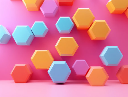 3D rendering of colorful hexagons with a pink background for a product presentation template. --ar 4:3 --v 6.1 Job ID: 1f37e414-18a3-40aa-94f7-619a83bd611aの素材