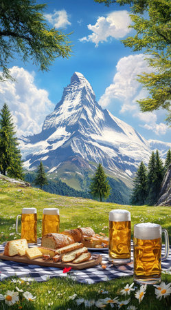 A picnic scene with German bread, cheese, and wine on a checkered tablecloth in front of the majestic Matterhorn mountain, surrounded by lush green meadows, with large mugs of beer in hand. A sunny day with a blue sky and white clouds. High-resolution digital art, created using oil paint and an airbrush, in the style of a classical landscape painting. --ar 71:128 --v 6.1 Job ID: 6d909ebe-ae85-49dd-ab22-0c504f720946の素材