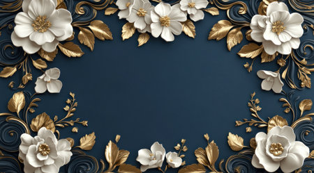 3D wallpaper, stretch ceiling decoration with a decorative border featuring white flowers and gold leaves on a dark blue background, a relief art piece. --ar 128:71 --v 6.1 Job ID: 48853c42-dd59-428d-8925-7cce107b36baの素材