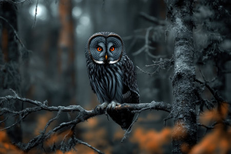 A photo of an owl sitting on a branch in a Finnish forest, with orange eyes and grey feathers. --ar 3:2 --v 6.1 Job ID: 05429a3c-07af-4140-9319-b8a268f226d4の素材