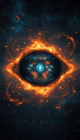A photorealistic illustration of an eye-shaped nebula, centered on the iris, is glowing with light and stars. The central structure has orange and blue colors, set against a dark, black background. The overall mood is dark fantasy, and the scene is symmetrical, with an isometric view. --ar 73:128 --v 6.1 Job ID: e56fb474-95e9-43b8-a9a3-8e29736acfd3の素材