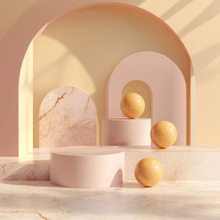 A modern and minimalistic product display podium in light pink, mustard yellow, and terracotta colors. It features abstract shapes and geometric forms. There is one round pedestal with 3D spheres on it. The background features soft peach walls and an arched shape. Soft lighting accentuates the scene. --v 6.1 Job ID: 4942201d-b4f9-4c75-af0a-7cd8f6a831b9の素材