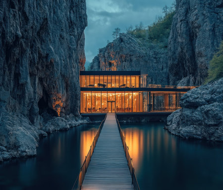 A photo of a modern luxury hotel with a glass facade, situated in the middle of a mountain lake cliff. The hotel is illuminated by warm lights both inside and outside. A long wooden bridge leads to the hotel's entrance, surrounded by tall rocks. --ar 128:109 --v 6.1 Job ID: 7641535d-811c-49c4-8911-7846528cf23aの素材