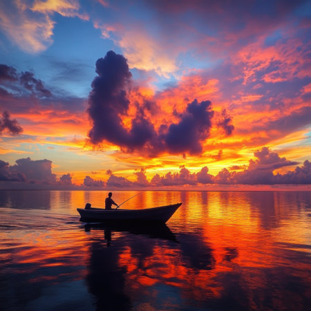 A man in a boat fishing at sunset on the Maldives, a colorful sky, vibrant colors, reflecting water, a peaceful and serene atmosphere, capturing tranquility and nature's beauty. --v 6.1 Job ID: 07303598-1f58-4395-be16-bf065fb47dbbの素材