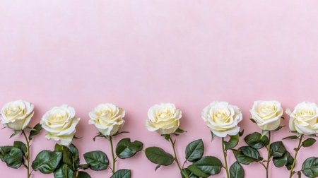 A horizontal border composed of white roses with green leaves on a pink background, captured using a wide-angle lens in a flat lay arrangement, high-resolution digital photography, in the style of a stock photo. --chaos 30 --ar 16:9 --v 6.1 Job ID: ce455229-999d-498b-92eb-9e110c82a295の素材