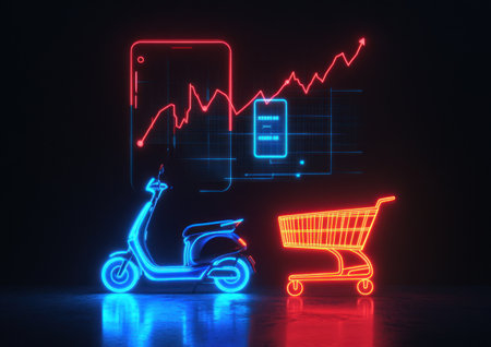A neon-lit e-scooter and shopping cart on a black background, with blue and red lights glowing in the dark. A graph is placed above them. There's an outline of a mobile phone next to the scooter. The scene conveys a sense of modern technology and online grocery advertising, with dynamic lighting creating depth between the objects. It has high resolution. --ar 7:5 --v 6.1 Job ID: 7c4d6c80-7fe0-4711-89c3-71265ceae623の素材