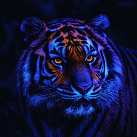 A majestic tiger, its vibrant stripes and piercing eyes captured in the glow of neon lights, with the focus on its face. --v 6.1 Job ID: d0cd7357-bf39-4751-84dd-c7c9ba27fc1cの素材