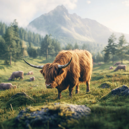 A highland cow grazing in the Scottish countryside, surrounded by lush greenery and majestic mountains, with other animals like cows or sheep in the background. The scene is bathed in soft sunlight, creating a serene atmosphere. Rendered in a realistic style in the style of Unreal Engine for detailed textures on its fur and horns. --v 6.1 Job ID: 636f5e77-ba50-48f2-926f-9087c8ecfebbの素材