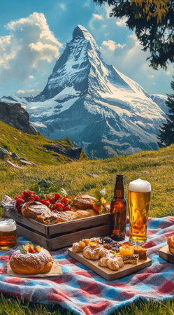 A picnic with pastries, fruits, and beer on the checkered blanket against the backdrop of the Matterhorn mountain in Switzerland. The scene is rendered in an oil painting style with soft colors and a dreamy atmosphere. In front, there are two glasses full of beer and one wooden box filled with breads. In the top left corner, you can see a bottle of honey. There is some green grass around the place. A blue sky with clouds at the top. --ar 71:128 --v 6.1 Job ID: add55dd1-fee6-4335-9239-9c5e03df5569の素材