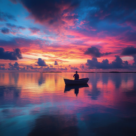 A man fishing from his small boat at sunset on the Maldives, with a colorful sky reflecting in the calm waters, creating vivid colors. High-resolution photography captures the scene in high definition. --v 6.1 Job ID: caef8ddd-2d13-44ac-bbac-161e8a9b2503の素材