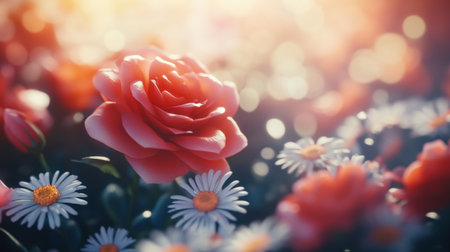 A garden filled with vibrant flowers, roses and daisies in the foreground, bathed in warm sunlight, creating a dreamy atmosphere. High resolution, highly detailed, realistic, with a bokeh effect, close-up, in shades of pink, orange, and red, with natural lighting, giving it a magical quality. --chaos 30 --ar 16:9 --v 6.1 Job ID: 5f3afa7d-3fea-4d4f-8cbc-fe3d9360b3e4の素材