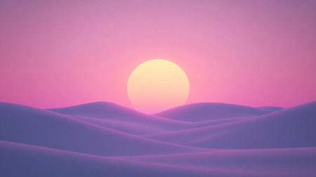 A pink sunset over the snowy dunes, in a cartoon style, animated, game art, with a simple background and a distant view. The sky is purple, and distant mountains can be seen in the distance, with a glowing sun. The overall color tone is soft and warm, creating an atmosphere full of tranquility and mystery. There's no one around. --chaos 30 --ar 16:9 --v 6.1 Job ID: 82aff668-485e-4347-8093-b33021d3417bの素材