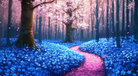 A beautiful forest with cherry blossom trees, blue flowers on the ground, a pink trail leading to a tree in the distance, a digital art style painting, cinematic lighting, fantasy, colorful, detailed, intricate, vibrant, magical, and dreamy. --ar 128:71 --v 6.1 Job ID: 8133563b-f0d7-4100-adcc-12901870a7e1の素材