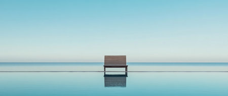 A minimalist photograph of an empty wooden sun lounger by the edge of a pool, overlooking the vast ocean under a clear blue sky. The water reflects the chair's silhouette, creating a serene and tranquil scene with a minimalistic composition. --ar 71:30 --v 6.1 Job ID: 632c04f9-299b-4f9c-96c1-369b4a50e101の素材