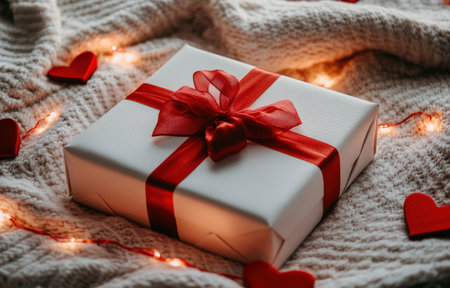 A gift box with a red ribbon and heart-shaped decoration on a light background, with bokeh lights and a blanket, creating a Valentine's Day concept. --ar 47:30 --v 6.1 Job ID: c8c0e914-4479-457b-8aa5-cbde6f199fdeの素材