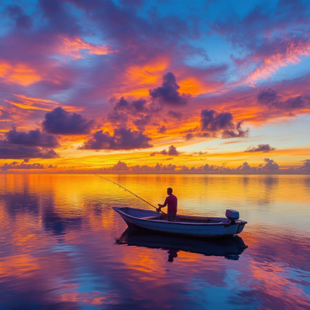 A man fishing from his small boat at sunset on the Maldives, with a colorful sky reflecting in the calm waters, creating vivid colors. High-resolution photography captures the scene in high definition. --v 6.1 Job ID: caef8ddd-2d13-44ac-bbac-161e8a9b2503の素材