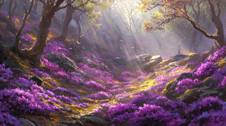 A fantasy forest with vibrant purple flowers, rays of sunlight shining through the trees, creating a magical, cinematic atmosphere. The scene evokes a sense of wonder and enchantment, transporting the viewer to a realm of fantasy and imagination. --chaos 30 --ar 16:9 --v 6.1 Job ID: ddedb239-cfb0-4642-a9a9-94aeab0ff9c1の素材
