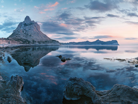 A panoramic view of the island at dawn, with its iconic peak and surrounding cliffs, overlooking Es VedrÃ  in the style of Spanish landscape painters, set against the backdrop of calm waters, reflecting the soft hues of sunrise. Photography, using a wide-angle lens to capture the expansive landscape. --ar 4:3 --v 6.1 Job ID: 4be54c71-180e-49f5-9a3d-0b70700f5e71の素材