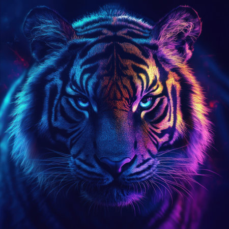 A majestic tiger, its vibrant stripes and piercing eyes captured in the glow of neon lights, with the focus on its face. --v 6.1 Job ID: d0cd7357-bf39-4751-84dd-c7c9ba27fc1cの素材