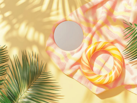 A mockup of an empty circle on top, with a beach towel and inflatable ring next to it, a flat lay background with summer elements, a light yellow color scheme, a sun shadow, a minimalist style, a simple design, a flat view angle, a 3D rendering, created in Blender, high resolution. --ar 4:3 --v 6.1 Job ID: f21a5e53-ce14-4f1e-ace5-dd7e4af7fdb1の素材