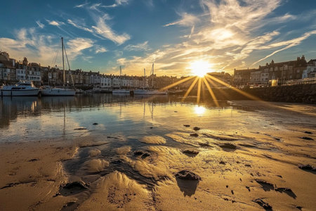 A photograph of the sun setting over the bay, casting long shadows on boats and beach sand at low tide in Guernsey's St. Peter Port, with buildings visible across some of the waterway. In front is an expanse of water where several small yachts have docked for the night. There's a touch of blue sky with white clouds. It feels peaceful and serene, as if time has come to a standstill, and you can feel it. The image captures the beauty of nature and urban life in one frame. --ar 3:2 --v 6.1 Job ID: 7fe6dd8f-5843-41a7-b456-6652a181c20eの素材