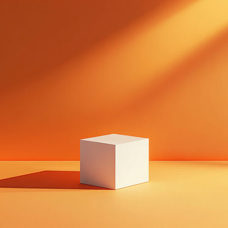 A minimalistic orange background with an empty cube for product display, bathed in warm sunlight that creates soft shadows and highlights the orange color of the wall. The composition is simple yet elegant, providing space to add text or branding elements as needed. This scene presents a clean and professional presentation design. --v 6.1 Job ID: 6a671991-aa06-4f4e-9a2b-1ca04f55fe48の素材