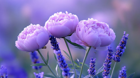 A floral composition of purple peonies and lavender on an isolated pastel blue background, creating a charming design for wedding or Valentine's Day cards or decoration. --chaos 30 --ar 16:9 --v 6.1 Job ID: f9d0fb8d-83a1-43f2-ae00-4036b756c01fの素材