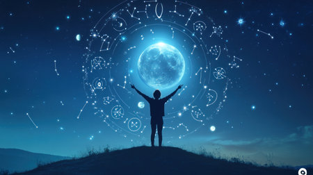 A person standing on top of a hill with their arms raised in joy, looking at the stars and moon in the sky. The background is filled with zodiac symbols arranged to form a circle around them. In the center, there's a large, shining planet. The image has a celestial blue color theme. --chaos 30 --ar 16:9 --v 6.1 Job ID: 63d0510a-49e6-48d5-b83b-e2ad68135e8cの素材