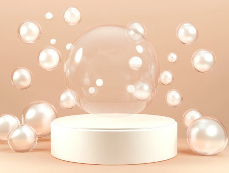 3D render, abstract background with a podium scene and flying spheres in pink pastel colors for product display presentation. Vector illustration on a minimalistic geometric platform design template. Light brown and white, pastel colors, cute, smooth, matte finish. --ar 4:3 --v 6.1 Job ID: 464957c5-730c-46f8-ad91-b692dd895553の素材