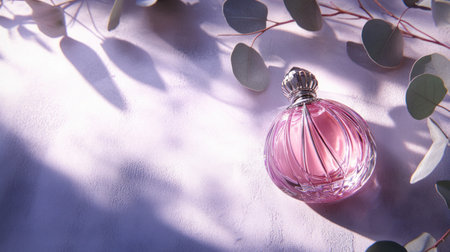 A pink glass perfume bottle with a silver cap, placed on the right side of an empty light purple background, with eucalyptus leaves and shadows. The composition is symmetrical and balanced, with soft lighting creating a dreamy atmosphere. High-definition photography style, focusing on detail and texture. The color tone should be bright and vivid to highlight the product's appeal. --chaos 30 --ar 16:9 --v 6.1 Job ID: 8166af9f-7438-46d4-814d-2c28c05f202cの素材