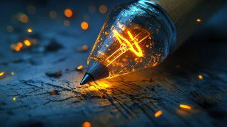 A pencil with an illuminated bulb at the end, writing on paper and symbolizing creativity and innovation in business planning. The background is dark blue to accentuate the light effects. A glowing line of yellow color connects the tip to the body, illuminating the scene. This concept conveys smart thinking or innovative ideas for company development, digital marketing campaign designs, and creative design concepts. High-resolution, high-quality. --chaos 30 --ar 16:9 --v 6.1 Job ID: d77ccf49-2227-4987-bac7-1e30e51cac00の素材