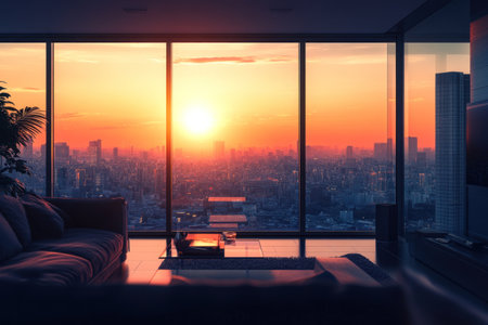 Stunning view of Tokyo from the living room at sunset. The high-rise apartment's interior design features glass windows, a sofa, and a coffee table in front of the window. The large floor-to-ceiling window offers a panoramic view of the city skyline outside. This interior photography has an architectural digest editorial style, with an ultra-realistic, cinematic, and hyperrealistic appearance, and professional color grading. --ar 3:2 --v 6.1 Job ID: 1f38ecf9-434a-4479-8932-7c881dfb739aの素材