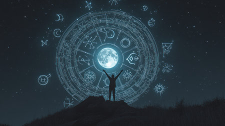 A person standing on top of a hill with their arms raised in joy, looking at an intricate starry sky filled with zodiac symbols and constellations. The moon is visible in the center, surrounded by glowing stars. A large celestial wheel made up of various astrological signs forms the background. --chaos 30 --ar 16:9 --v 6.1 Job ID: b976dbd1-036d-4892-bd73-bced39e966c2の素材