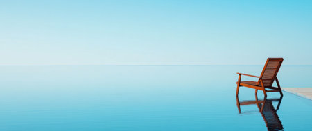 A minimalist photograph of an empty wooden sun lounger by the edge of a pool, overlooking the vast ocean under a clear blue sky. The water reflects the chair's silhouette, creating a serene and tranquil scene with a minimalistic composition. --ar 71:30 --v 6.1 Job ID: 632c04f9-299b-4f9c-96c1-369b4a50e101の素材