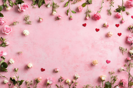 A pink background with small roses and hearts scattered around the edges, creating an elegant Valentine's Day backdrop. --ar 3:2 --v 6.1 Job ID: c75ed9ca-7fae-4e08-8f39-dbfefb7bc5afの素材