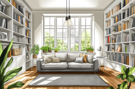 A living room with white walls, wooden floors, and a grey sofa, white bookshelves, a grey rug, hanging pendant light fixtures, white side tables, plants, a neutral color scheme, a modern style, a 3D rendering, bright lighting, a wide-angle lens, natural daylight, and a minimalistic furniture arrangement. --ar 23:15 --v 6.1 Job ID: f81bea6d-7fc8-4bad-93ff-1db2af5adb2fの素材