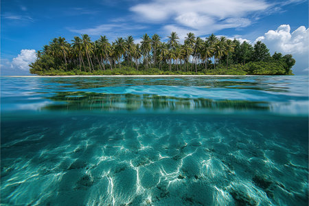 A photograph of the turquoise waters and pine trees on Nauru, taken from across clear blue sky with clouds. The water is crystal-clear, reflecting the lush greenery of surrounding forests. In sharp focus in front of the forested island are rows of towering pines reaching towards the sky. This picturesque scene captures the beauty of nature's palette on an isolated tropical land. Canon EOS-5D Mark III camera with EF lens, aperture f/8, ISO speed set to 400 for balanced exposure. --ar 3:2 --v 6.1 Job ID: 4a4ac609-5b6e-4aeb-96ce-da929070b39fの素材