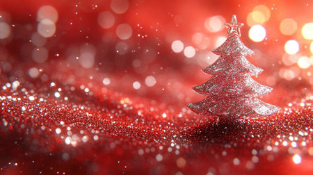 A festive red background with a golden, glittering Christmas tree, creating an enchanting atmosphere for holiday-themed designs. The background features a sparkling and shiny effect that adds to the overall sense of joyous celebration. This is an ultra-realistic photograph, a high-resolution 3D rendering using C4D and Octane renderer, highly detailed, with cinematic lighting and a cinematic shot. --chaos 30 --ar 16:9 --v 6.1 Job ID: c25f6b85-9bde-4744-8d06-722f448e142aの素材