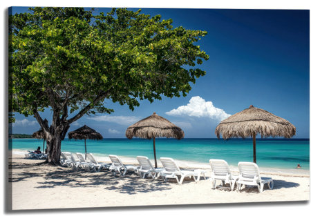 A photograph of the beautiful beach in Varadero, Cuba, with a clear blue sky and turquoise water. The scene includes white lounge chairs under thatched umbrellas on golden sand. A few people can be seen relaxing or swimming near a large tree. The composition is symmetrical, with a close-up view of some lounge chairs arranged side by side along an elongated line of trees at the left edge. --ar 22:15 --v 6.1 Job ID: 0fe95c2d-e4db-4c0c-b285-dece04e03035の素材