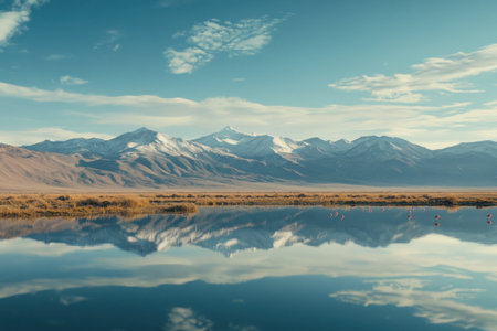 A photograph of the Atacama Desert in Chile, reflecting on still water with flamingos and snow-capped mountains in the background. The scene is captured from an elevated perspective, highlighting the vastness of these landscapes. --ar 3:2 --v 6.1 Job ID: da95c208-e9fd-46d3-b0d7-0749720b7748の素材