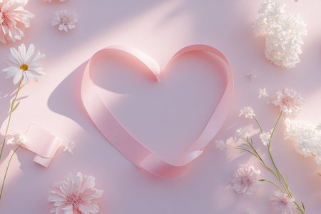 A pink ribbon in the shape of a heart is placed on a pastel background with gift boxes and white flowers, creating space for text or product display. The composition creates a romantic atmosphere perfect for Valentine's Day or Mother's Day promotion. A minimalist flat lay view of a beautiful pastel pink background. Soft lighting highlights details like ribbons and flower petals, adding to its elegance. --ar 3:2 --v 6.1 Job ID: c4b64c00-7cad-4239-8255-c626cf8c4ddbの素材